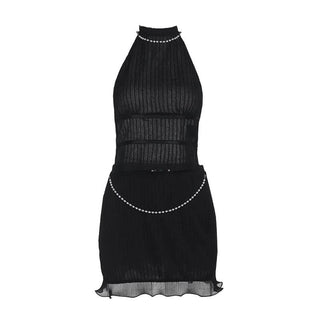 Beaded self tie halter ruffle mini skirt set
