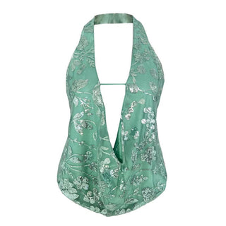 Halter hollow out glitter backless v neck cut out top