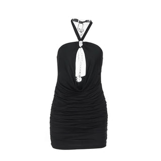 Halter ruched metal chain hollow out cut out mini dress