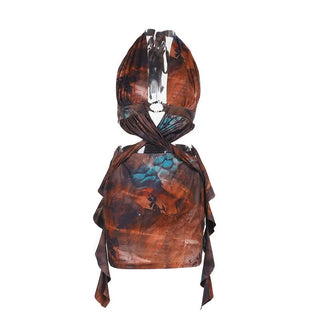 Halter self tie ruffle contrast backless mini dress