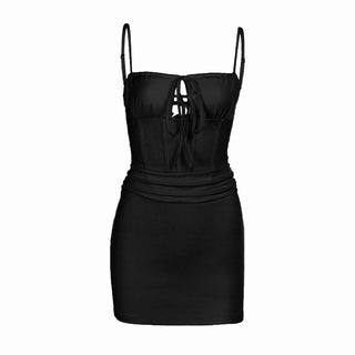 Hollow out lace up ruched square neck cut out mini dress