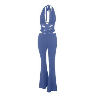 Halter self tie hollow out deep v neck jumpsuit
