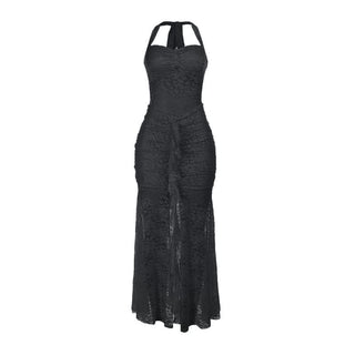 Lace ruched self tie halter v neck maxi dress