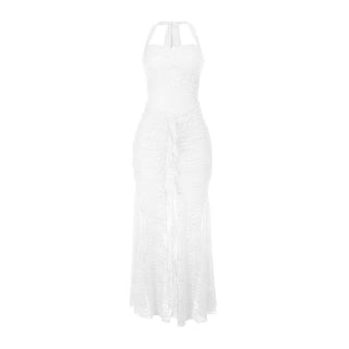 Lace ruched self tie halter v neck maxi dress