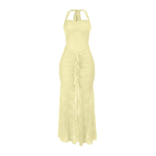 Lace ruched self tie halter v neck maxi dress