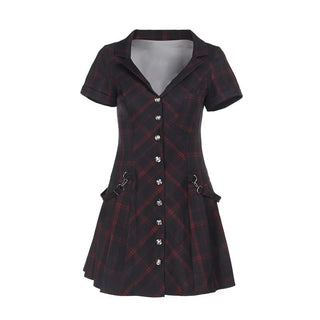 Short sleeve plaid button deep v neck mini dress