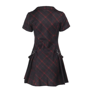 Short sleeve plaid button deep v neck mini dress