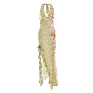 Slit ruffle flower print halter ruched mini dress