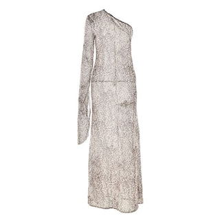 Leopard print long sleeve one shoulder chiffon maxi dress