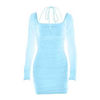 Long sleeve ruched mesh halter self tie mini dress