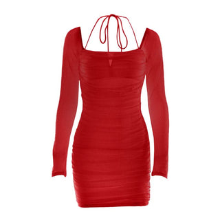 Long sleeve ruched mesh halter self tie mini dress