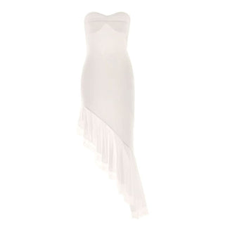 Irregular lace hem self tie tube midi dress