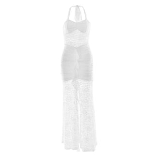 Halter self tie ruched lace v neck maxi dress