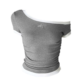 Short sleeve one shoulder embroidery top