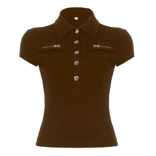 Turnover collar short sleeve button top