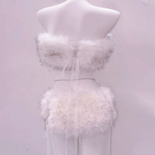 Fluffy o ring skull applique lace hem self tie mini skirt set