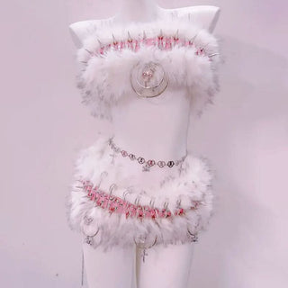 Fluffy o ring skull applique lace hem self tie mini skirt set