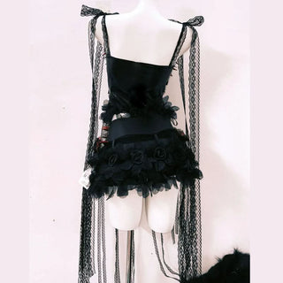 Lace hem self tie flower applique hollow out cut out top