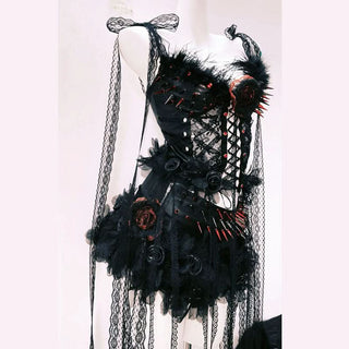 Lace hem self tie flower applique hollow out cut out top