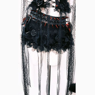 Lace hem self tie flower applique hollow out cut out top