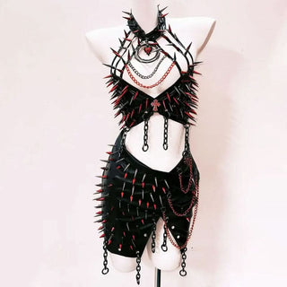 Metal chain hollow out halter slit mini skirt set