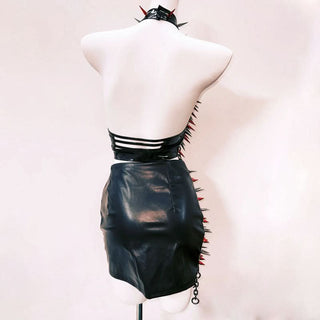 Metal chain hollow out halter slit mini skirt set