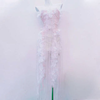 Halter beaded flower applique ruched midi dress