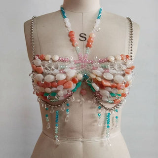 Beaded halter metal chain cami top