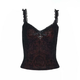 Lace hem v neck bowknot print cami top