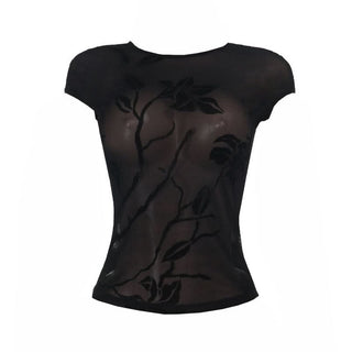 Crewneck sheer mesh print cap sleeve top