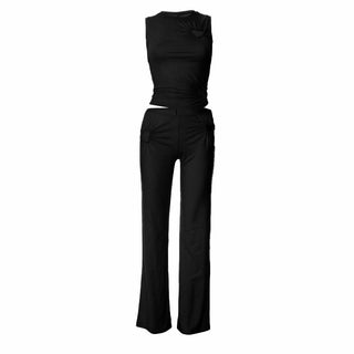 Hollow out ruched crewneck solid pant set