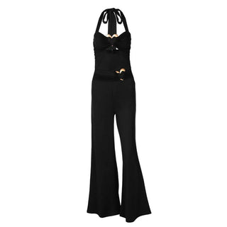 Hollow out halter self tie ruched zip-up jumpsuit