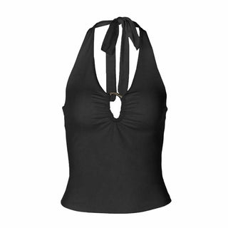 Hollow out ruched halter self tie backless cut out top