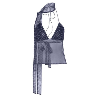 Polka dot v neck halter self tie mesh top