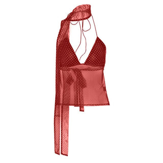 Polka dot v neck halter self tie mesh top