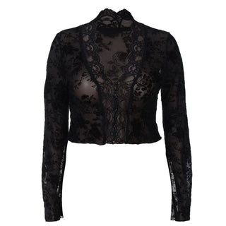 Long sleeve lace V neck see through button top