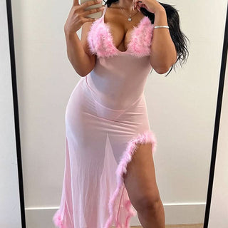 Fluffy v neck slit mesh irregular cami midi dress