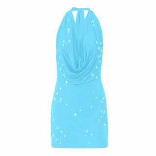 Halter self tie cowl neck backless mini dress