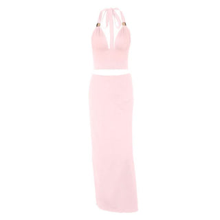 Ruched halter self tie v neck maxi skirt set