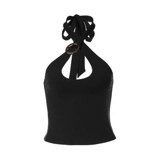 Hollow out halter self tie solid backless cut out top