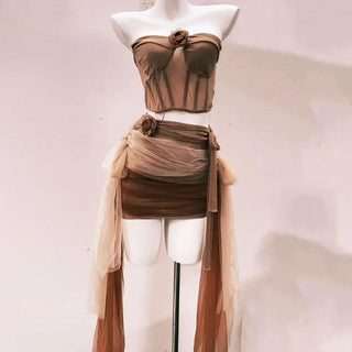 Flower applique ruched mesh knotted mini skirt set