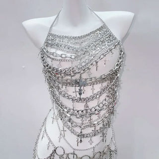 Metal chain cross applique hollow out backless waist chain cut out set