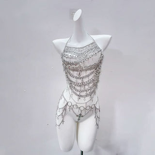 Metal chain cross applique hollow out backless waist chain cut out set
