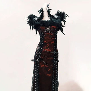 Feather spider applique beaded lace up maxi dress