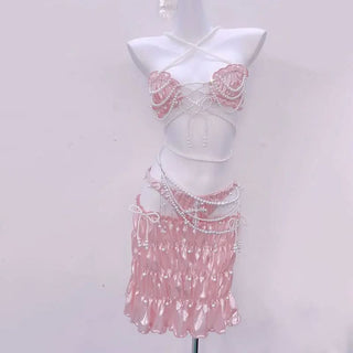 Halter bowknot 3 piece ruffle beaded ruched mini skirt set