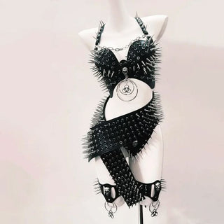 PU leather rivet skull applique cross back short pant set