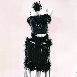 Rivet flower applique PU leather fluffy cami mini skirt set