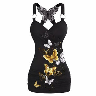 O ring v neck butterfly print cami mini dress