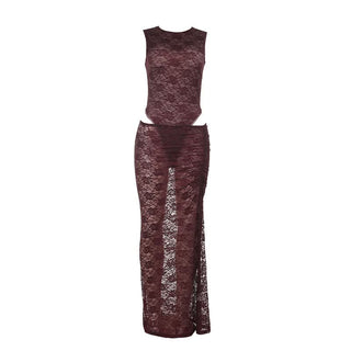 Crewneck sleeveless lace see through maxi skirt set