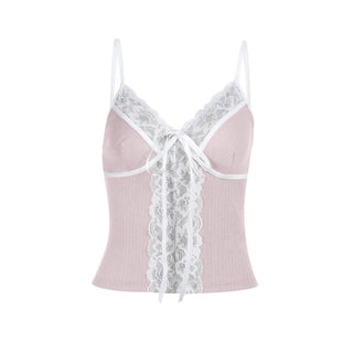 V neck lace hem self tie cami top